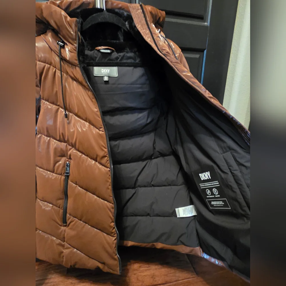 DKNY Quilted Puffer Snow Jacket in Brown Gloss with Faux Fur Hood - Picture 8 of 11